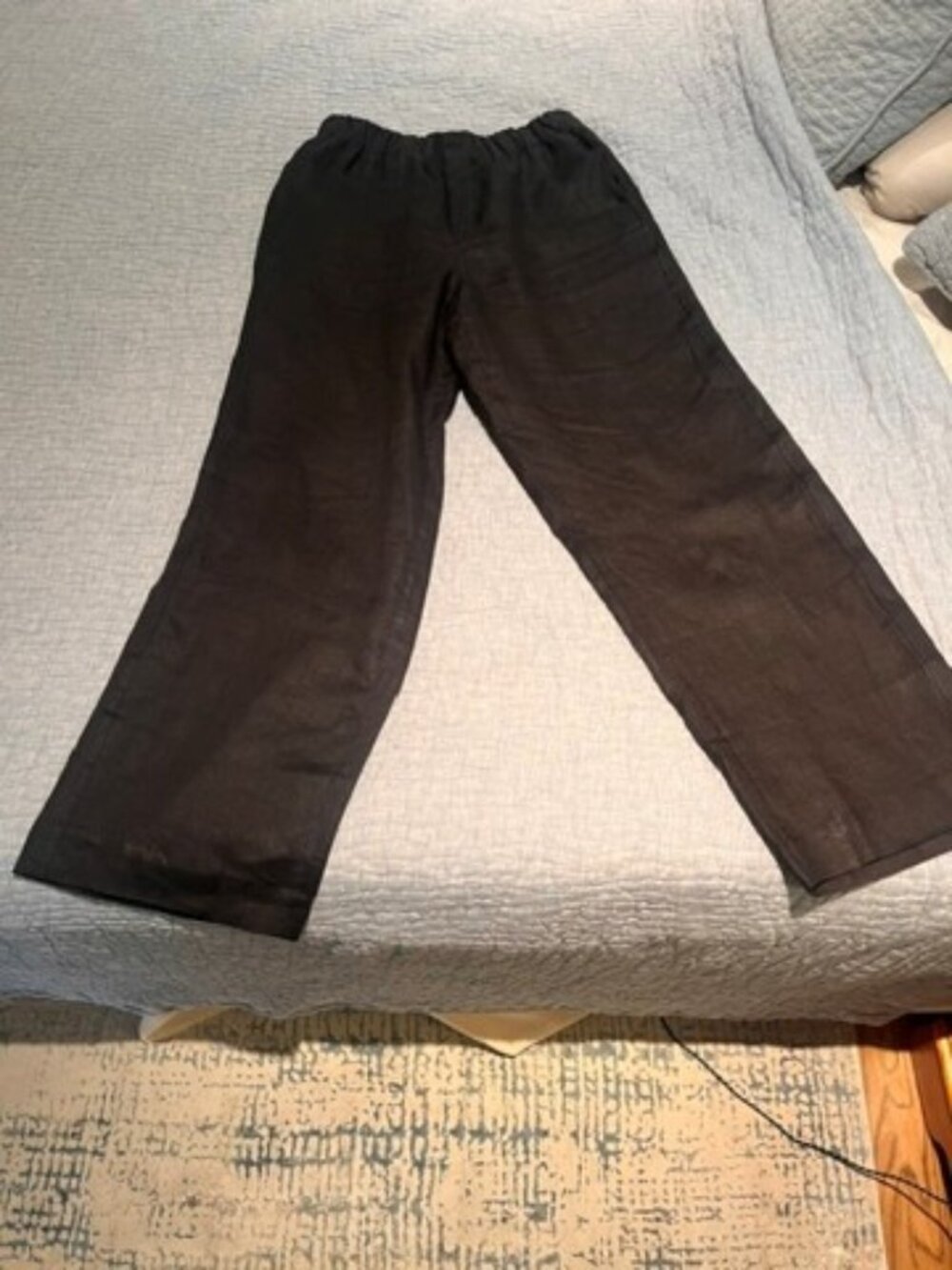 Black, linen trousers, Size 12, Long, elastic waist, wide leg, side pockets